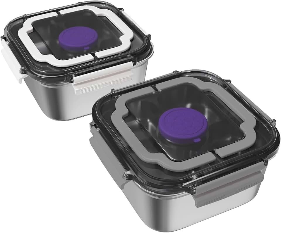 Set of 2 Salad Container for Lunch Large-60-oz Salad Bowl with Lid,3 Compartment Bento-Style Tray and 1.5-oz Salad Dressings Container,Stainless Steel container with Lids, Lunch Box(Grey and White)