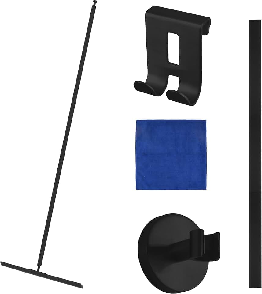 Duschabzieher Langer Stiel 130 cm 45 cm breit – Bodenabzieher Schwarz aus Edelstahl 304 als Abzieher Dusche Boden mit Ersatzlippe & 2 Haken