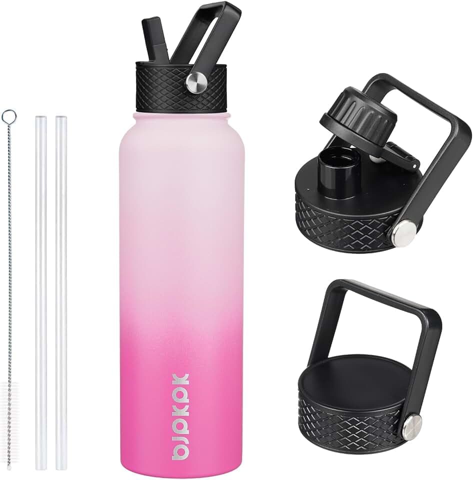 BJPKPK Isolierte Trinkflasche mit Strohhalm-Deckel, 1.2L Edelstahl Wasserflaschen mit 3 Deckeln, BPA Frei Wasserdicht Thermosflasche,Tumblers, Becher für Sport, Gym- Kirsche