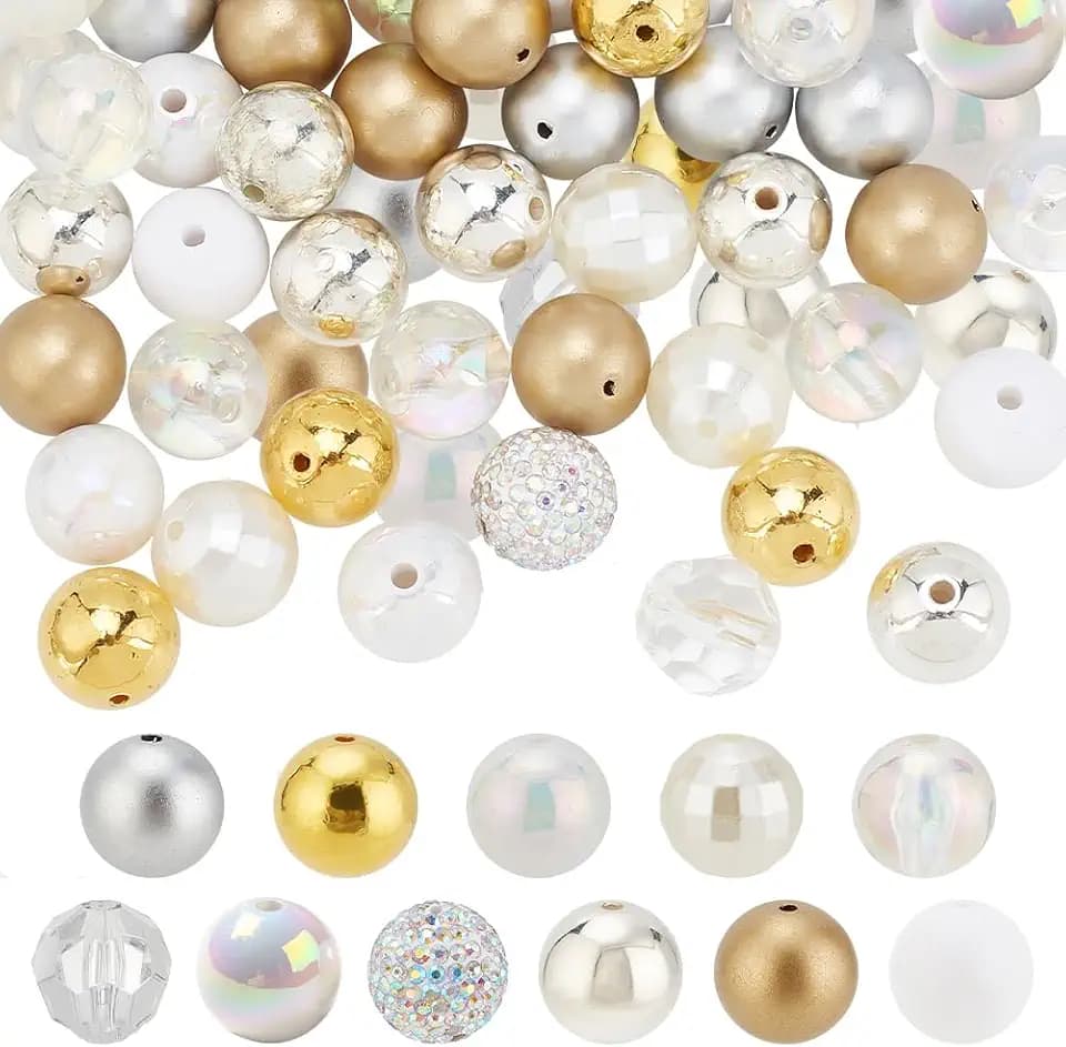 PH PandaHall 102PCS Crystal Bubblegum Beads, 16mm Clear Silver Gold Chunk Bead Acrylic Large Rhinestone Pearl Beads Shiny Round Focal Spacer Bead for Necklace Key Chain Bag