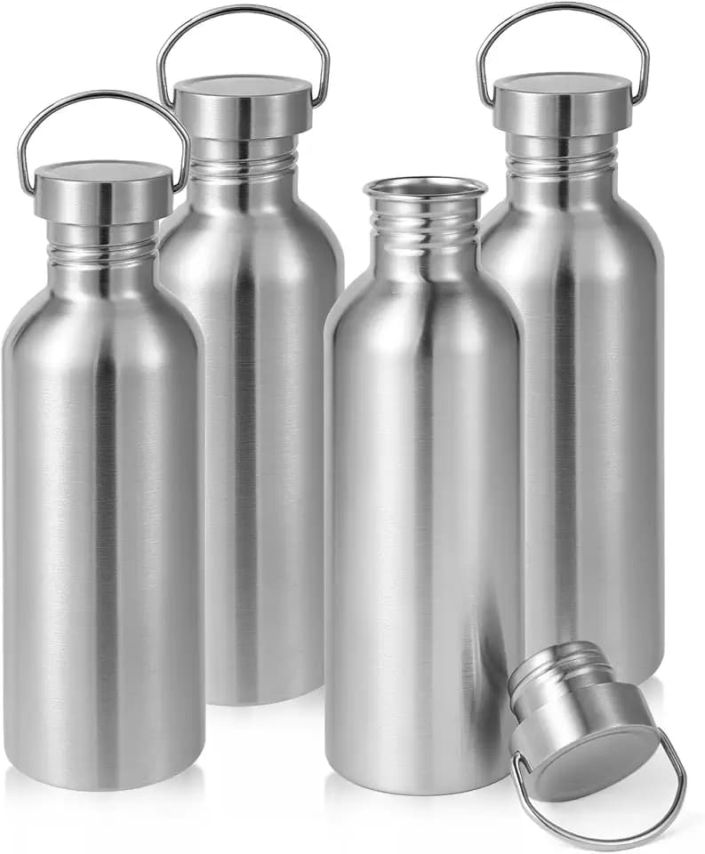 Volhoply 32oz Uninsulated Single Walled Water Bottle 4 Pack, Stainless Steel Reusable Water Bottles with Handle, BPA Free & Plastic Free 18/8 304 Metal Water Bottles for Camping, Hikers, Cyclists