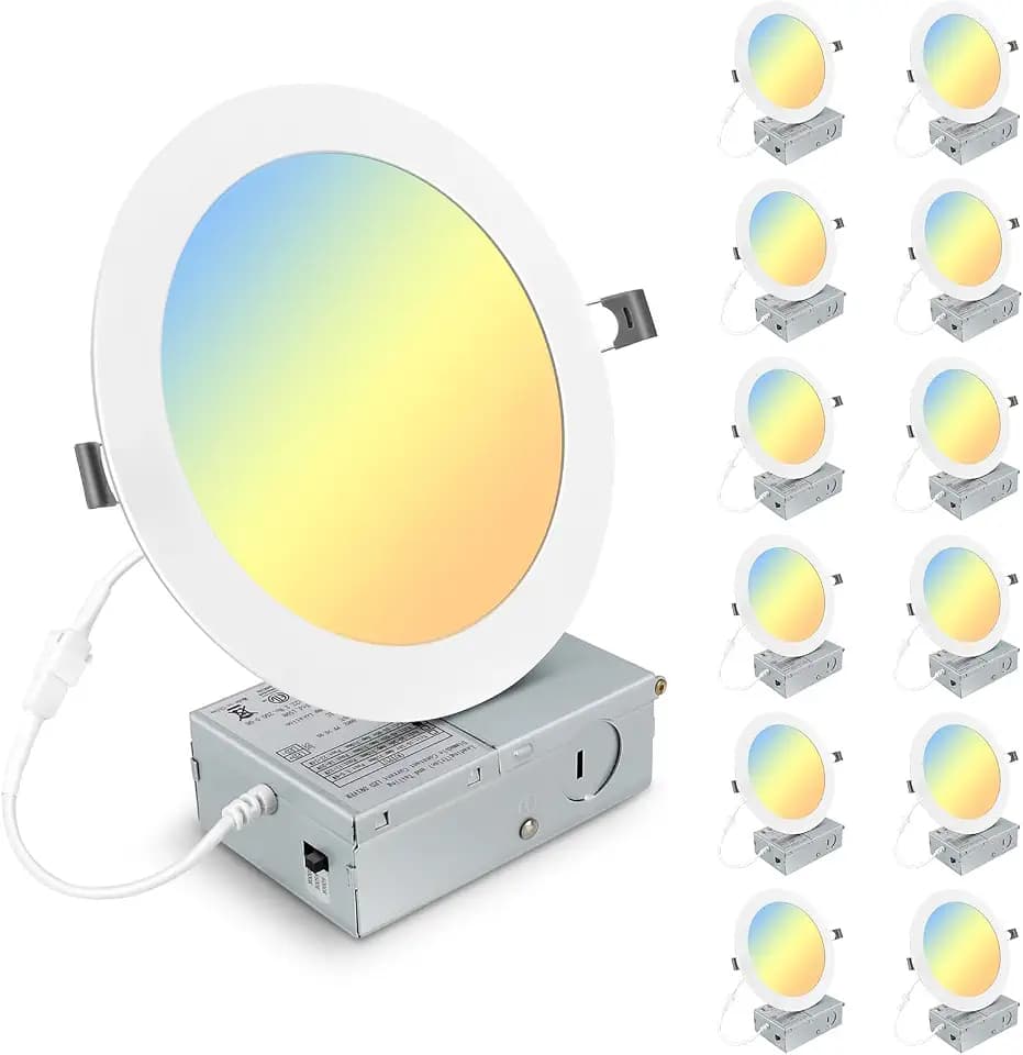 Elaruslux 12 Pack 7 Inch 3CCT Ultra-Thin LED Recessed Light with Junction Box, 3000K/4500K/6000K Selectable, 18W Eqv 125W, Dimmable Canless Downlight, 1600LM High Brightness
