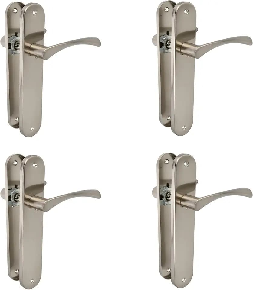 Amig – 4er-Pack Türgriff-Garnituren mit Stahlplatte für Türen – Modell ISHI PB – 240 x 45 mm – Vierkantstift 8 mm – Elegantes und schlichtes Design – Ohne Schlüsselloch – Gebürstetes Nickel-Aluminium