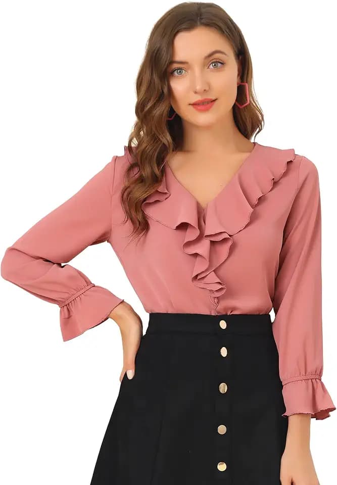 Allegra K Women Elegant Ruffle V Neck Sleeve Blouse for Business Work