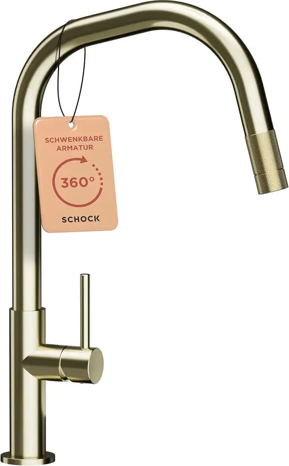 SCHOCK Wasserhahn Küche Talinos White Gold | Küchenarmatur mit herausziehbarer Brause für Spülbecken und Waschbecken | Hochdruck Armatur Küche passend für Einbauspüle und Küchenspüle mit Mischbatterie