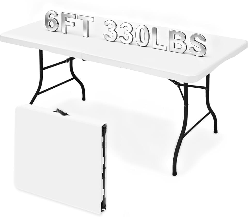 Heavy Duty 6ft Folding Table, Portable Fold-in-Half 6 Foot Foldable Table, Table of Utility Dining Indoor Outdoor with Carrying Handle for Camping Picnic and Party, White