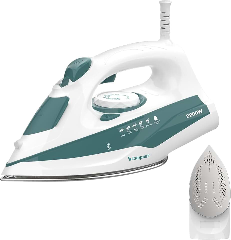 BEPER P204FER005 SteamPro 300 Dampfbügeleisen – Stahlsohle, 300-ml-Wassertank, 2200 W – Dauerdampf 27 g/min und Dampfstoß – Anti-Kalk-, Tropf- und Selbstreinigungssystem