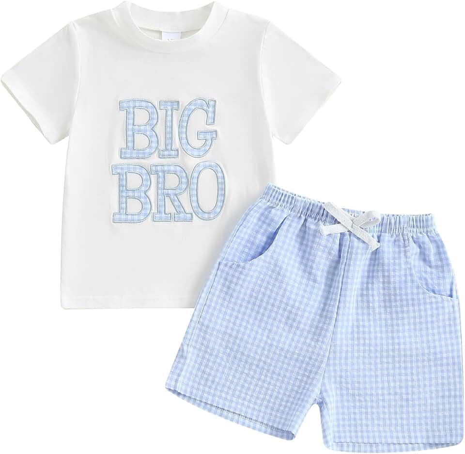 Baby Boy Matching Brother Outfits Lil Bro Embroidery Short Sleeve T-Shirts Big Brother Plaid Shorts 2pcs Newborn Summer Sibling Clothes Set