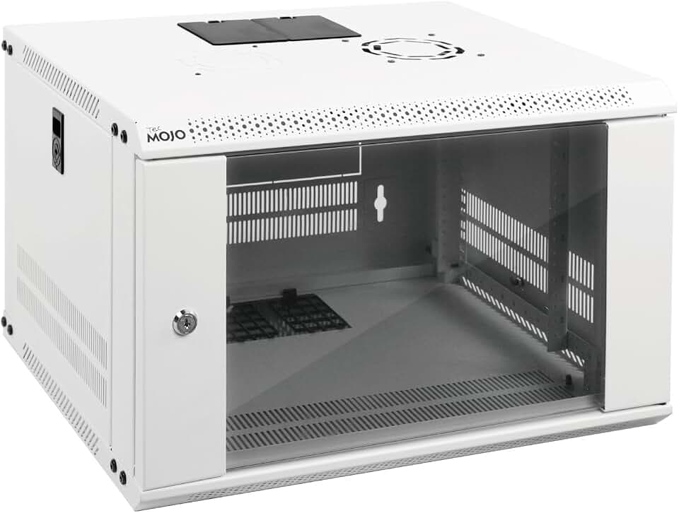 Tecmojo 6U Wall Mount Rack Network Cabinet for 19" IT Equipment,with Lockable Glass Door and Side Panels,Cooling Fan,17.7inch Depth,White