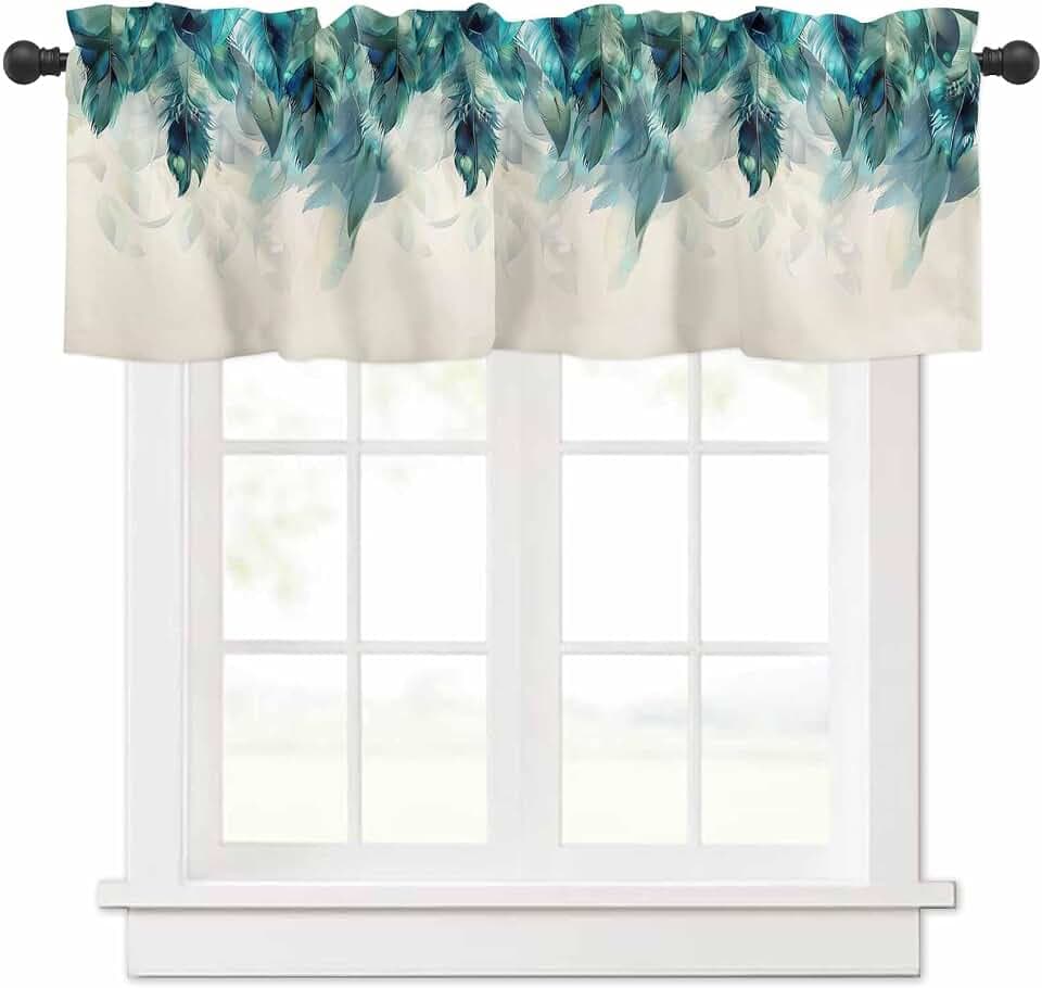 Turquoise Green Ombre Valances Window Treatment Farmhouse Decor, Peacock Feather Abstract Art Beige Rod Pocket Valance Curtains for Living Room, Bedroom, Kitchen, 54" W x 18" L - 1 Panel