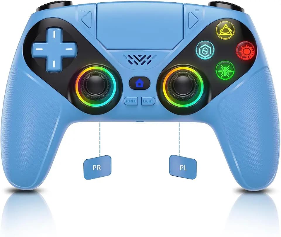 Dinosoo RGB Wireless Controller for PS5/PlayStation 5 PC, Bluetooth Controller with Turbo, Macro, Dynamic Vibration, 6-Axis Motion Control, 3.5mm Audio Jack, 1000mAh Battery, Speaker - Blue