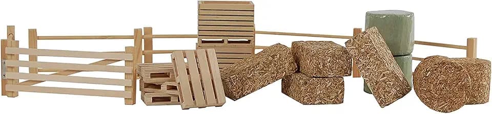 Kids Globe Farming Zubehör Set (mit Zäunen Heuballen Kartoffelkisten und Paletten 19tlg aus Holz 1:32) 610253, Bunt