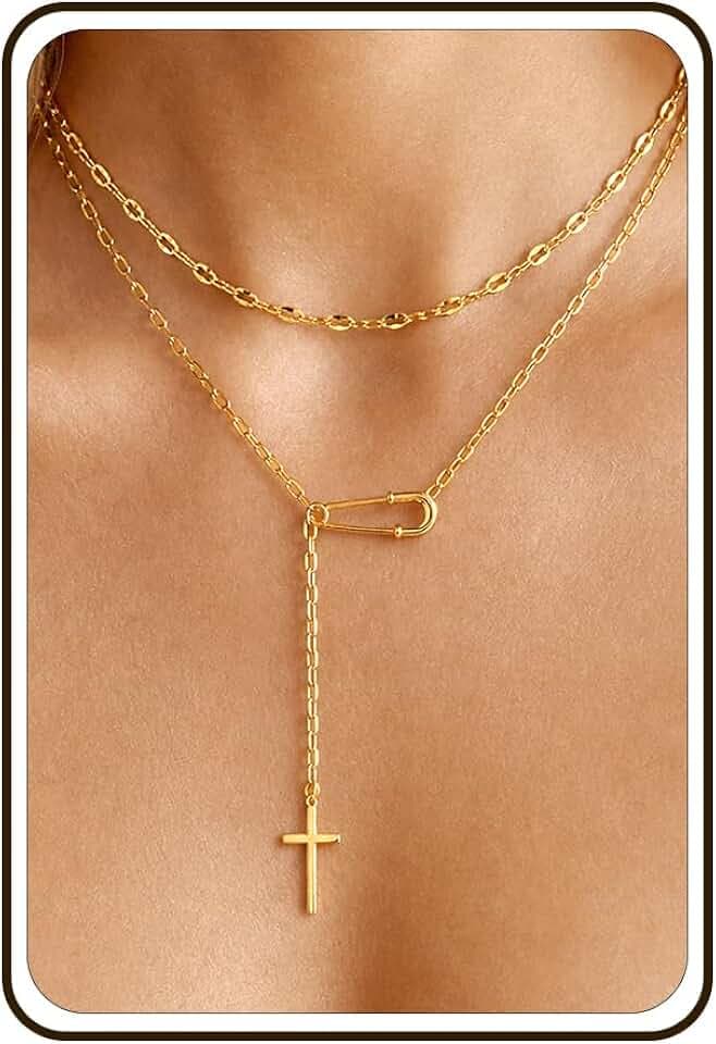 Layered Lariat Y Necklace, CZ Cross Pendant, Trendy Long Necklace for Women