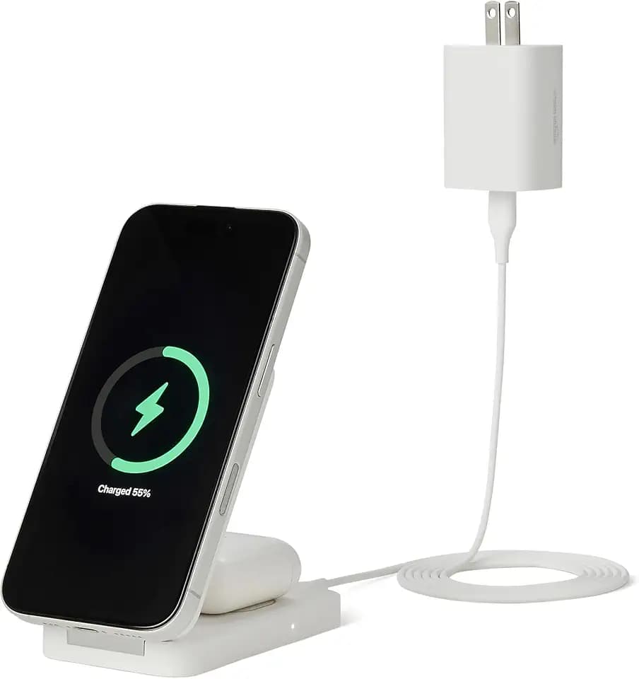 Amazon Basics MagSafe Compatible Wireless Charging Station, 25W Max. Fast Charging Qi2.2 Certified 2-in-1 Charger, Foldable Stand for iPhone 17/16/15/14/13/12 & AirPods, with 45W Max. Adapter, White