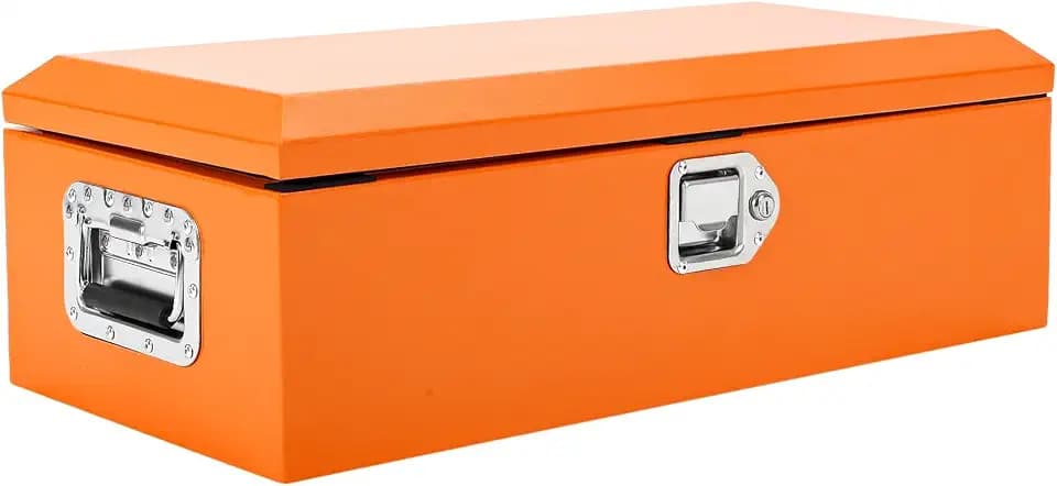 Powder-Coated Black Steel Truck Bed Tool Box - Heavy Duty Diamond Plate Storage Chest with Side Handles & Lock - Durable Metal Toolbox for Pickup, Trailer, RV, Mechanic Workshop - 20×12×9.6 in, Orange