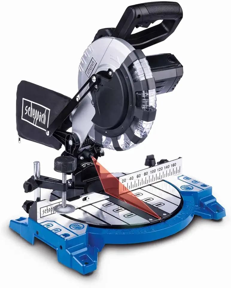 Scheppach Kappsäge- und Gehrungssäge HM210L | Leistung 1500W | Schnitthöhe -/ Breite 60 & 120mm | SägeblattØ 210mm | Sägekopf 45° neigbar nach links | inkl. Laser, Werkstückauflagen & Sägeblattschutz