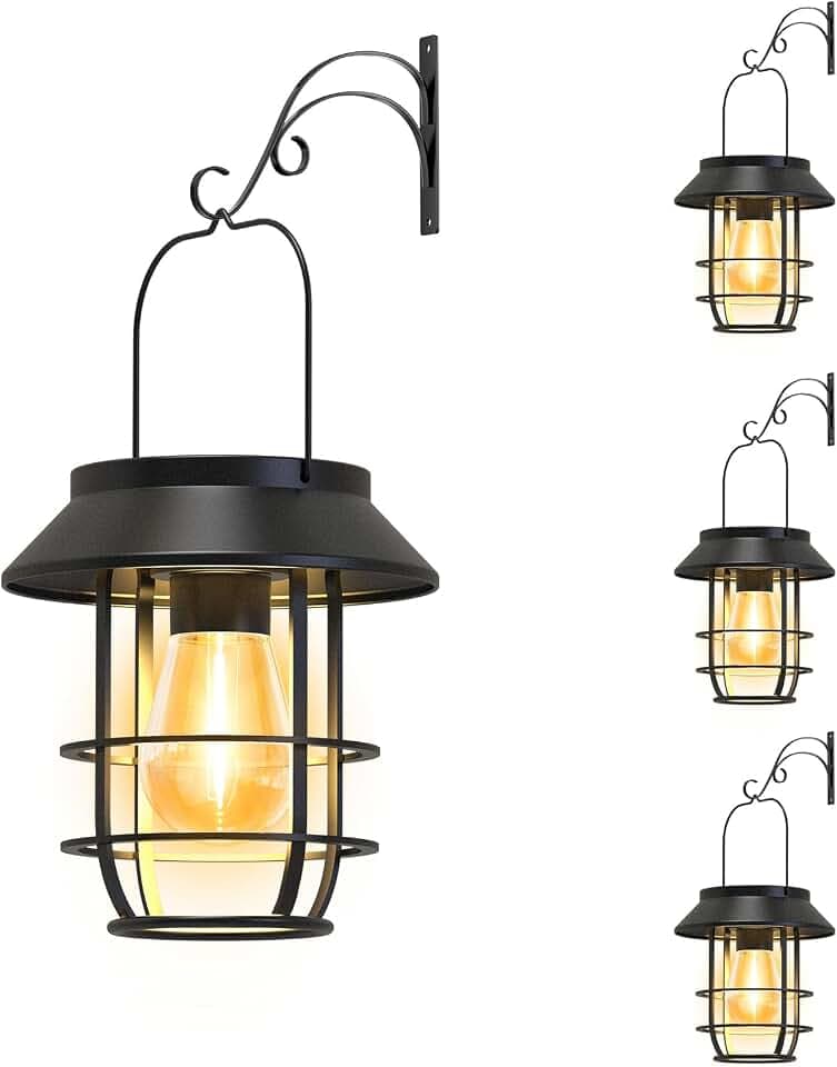4 Pack Solar Lanterns Outdoor Waterproof, Metal Hanging Lantern, Black