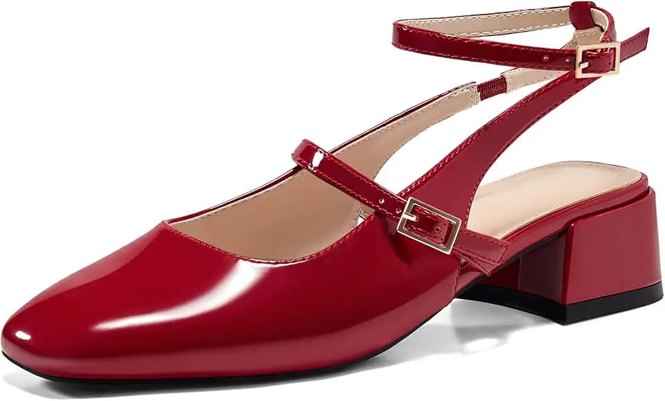 Coutgo Womens Mary Jane Chunky Low Heels Closed Square Toe Ankle Strap Pumps Wedding Party Dress Shoes