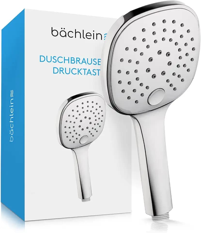 Bächlein Universal Duschbrause - Brausekopf mit 3 Strahlarten, einfach wechselbar durch praktische Drucktaste - Eckiger Duschkopf Chrom - Handbrause mit Standard G 1/2” Anschlussmaß