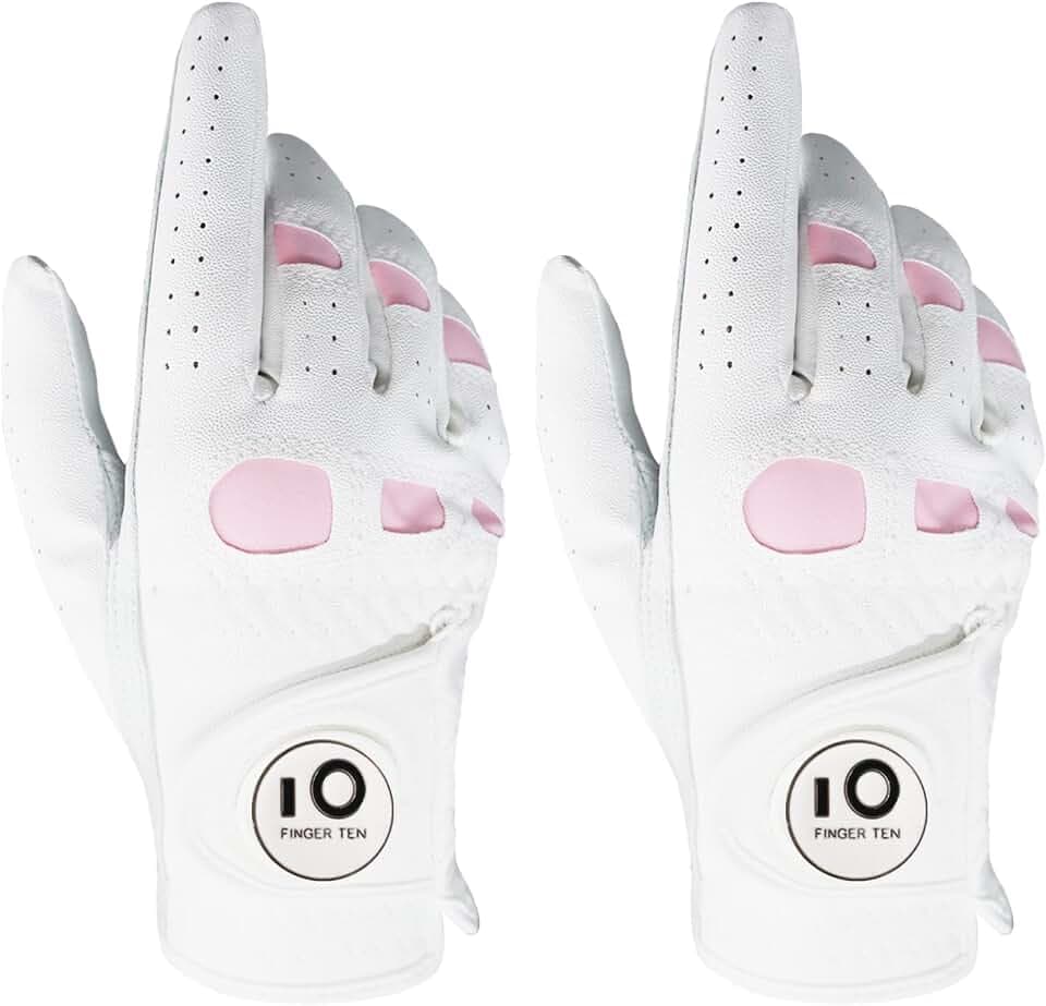 FINGER TEN Golfhandschuhe Damen Links Rechts Golfhandschuh Mit Ball Marker Golf Handschuh Wert 1 2 Stück Cabretta Leder Griff Linke Rechte Hand Weicher Komfort Passform Größe S M L XL