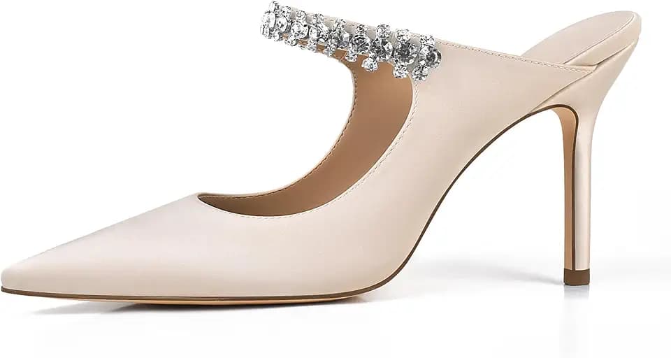 XINIUNIU Heeled Mules for Women Rhinestone Heels Pointed Toe Slip On 4 Inch Stiletto Closed Toe Sandals Dress Wedding Pump Shoes