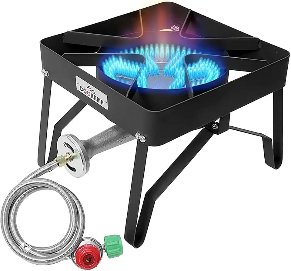COOKAMP High Pressure 200000 BTU Banjo 1-Burner Outdoor Propane Burner Gas Cooker with 0-30 PSI Adjustable Regulator and Steel Braided Hose (BALCK) SA1250
