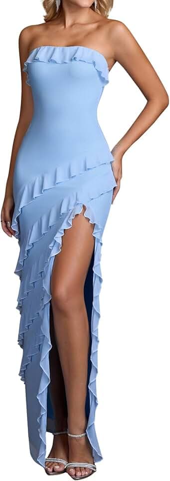 EYNMIN Summer Wedding Guest Dresses for Women 2026 Strapless Tube Ruffle Slit Mesh Bodycon Maxi Long Cocktail Party Dress