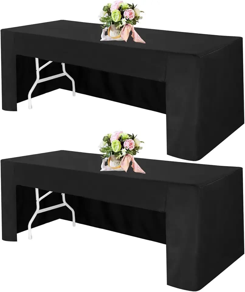 2 Pack 6FT Open Back Fitted Tablecloths, Black Table Clothes for 6 Foot Rectangle Tables, 72 x 30 Inch Washable Polyester Fitted Table Cover for Parties, Wedding, Banquet, Trade Show (Black)
