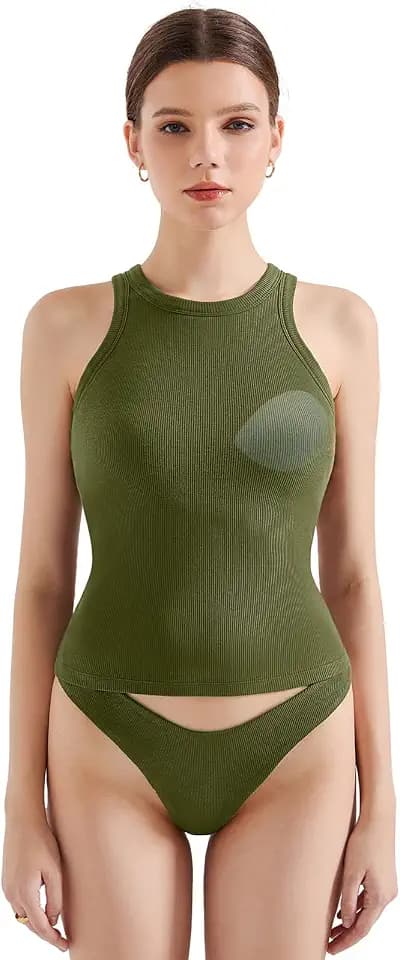 SUUKSESS Women Padded Cotton Ribbed Tank Tops High Neck Basic Tops