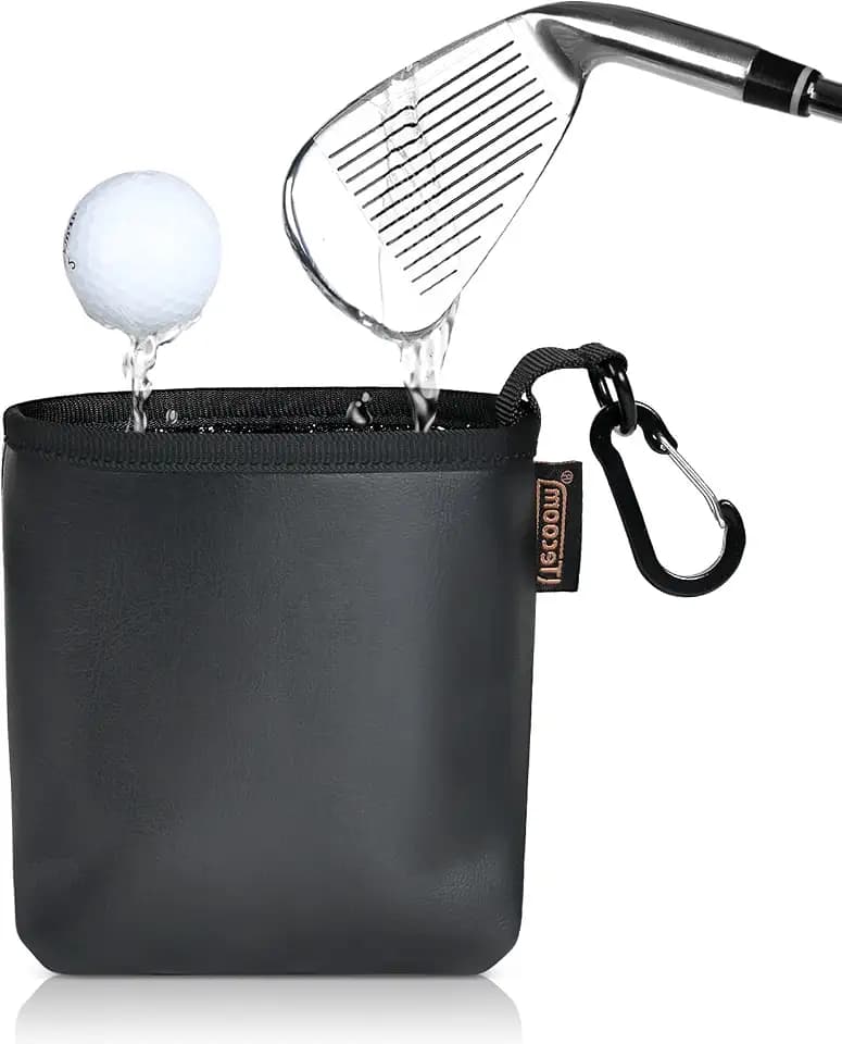 Tecoom Golf Ball Cleaner Pouch, Golf Club Cleaning Bag with 3-Layer Waterproof Clean Face Techy, PU Leather Exterior, Portable Club Grooves Washer, Detachable Clip