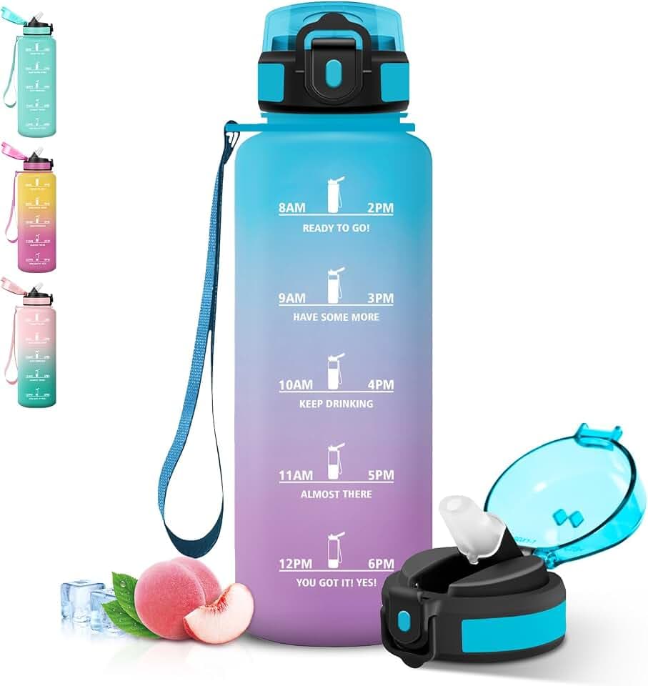 Grsta Trinkflasche 1 5 liter Auslaufsichere, Wasserflasche mit Strohhalm, Sichere Verriegelung, Trinkflasche Sport, Mit Zeitmarkierung und Schnürung, Flasche für Gym, Reisen, Wandern