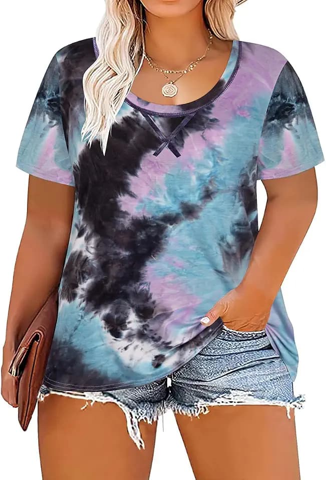 CARCOS Plus Size Tops for Women Short Sleeve Shirt Summer Star/Leopard/Tie Dye/Flower Crewneck Pullover Tunic XL-5XL