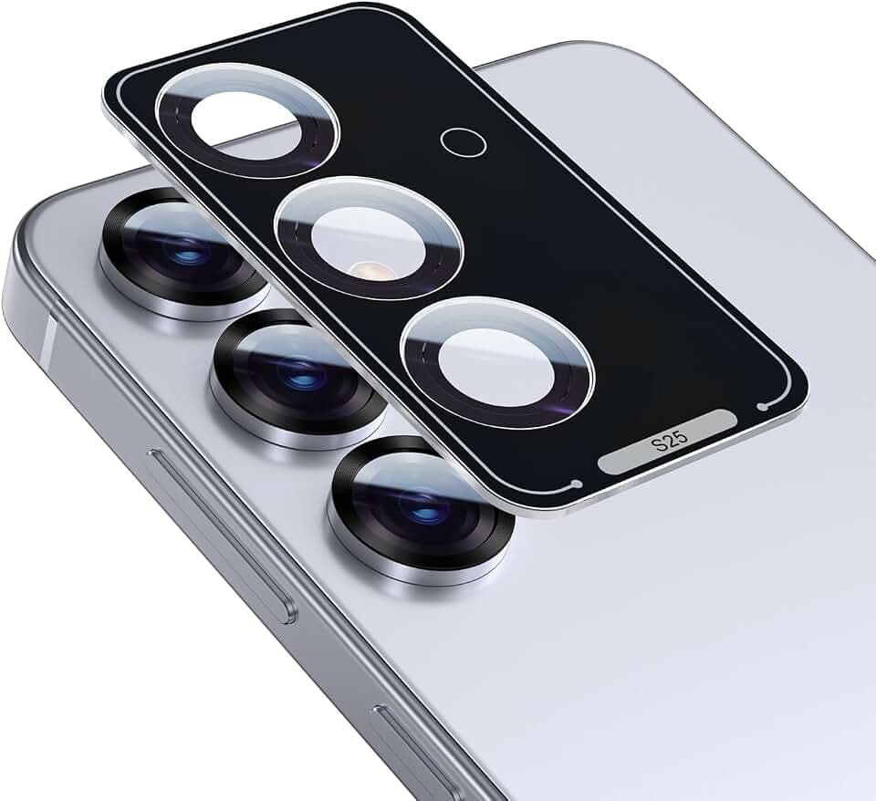 HelloDeere for Samsung Galaxy S25 Camera Lens Protector, Easy Installation, Perfect Fit, 9H Shatterproof Tempered Glass with Aluminum Metal Circle Camera Protector, Case Friendly, Icyblue