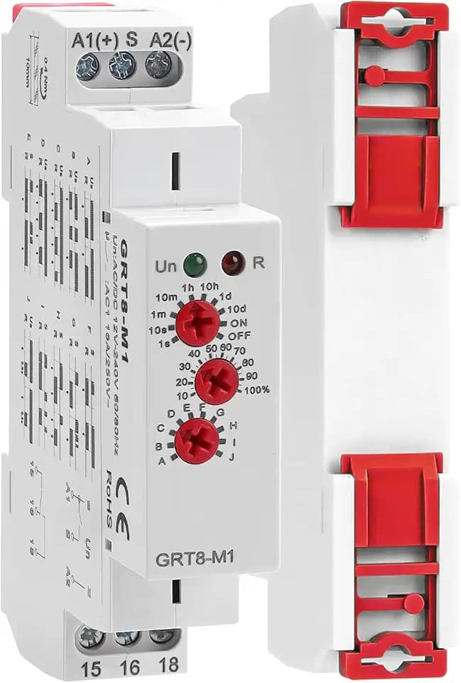 Multifunction Time Delay Relays AC DC 12V-240 Volt, 16A Mini Adjustable Timer Switch ON Off GRT8-M1, with 10 Electrical Timers Relay Control Delay Function for 1 Minute to 10 Days, DIN Rail Mount
