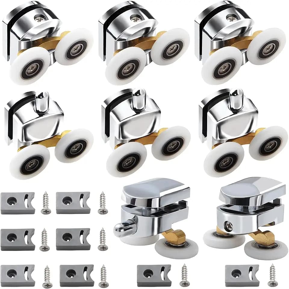 Rollen für Duschtüren mit Doppelrollen, 25 mm, für gebogene Türen, Glastüren, 4–6 mm, 8 Stück, Badezimmer-Ersatzteile, verchromt mit Anti-Kollisionsblock und Schrauben, 2 oben und 2 unten, 8 Stück