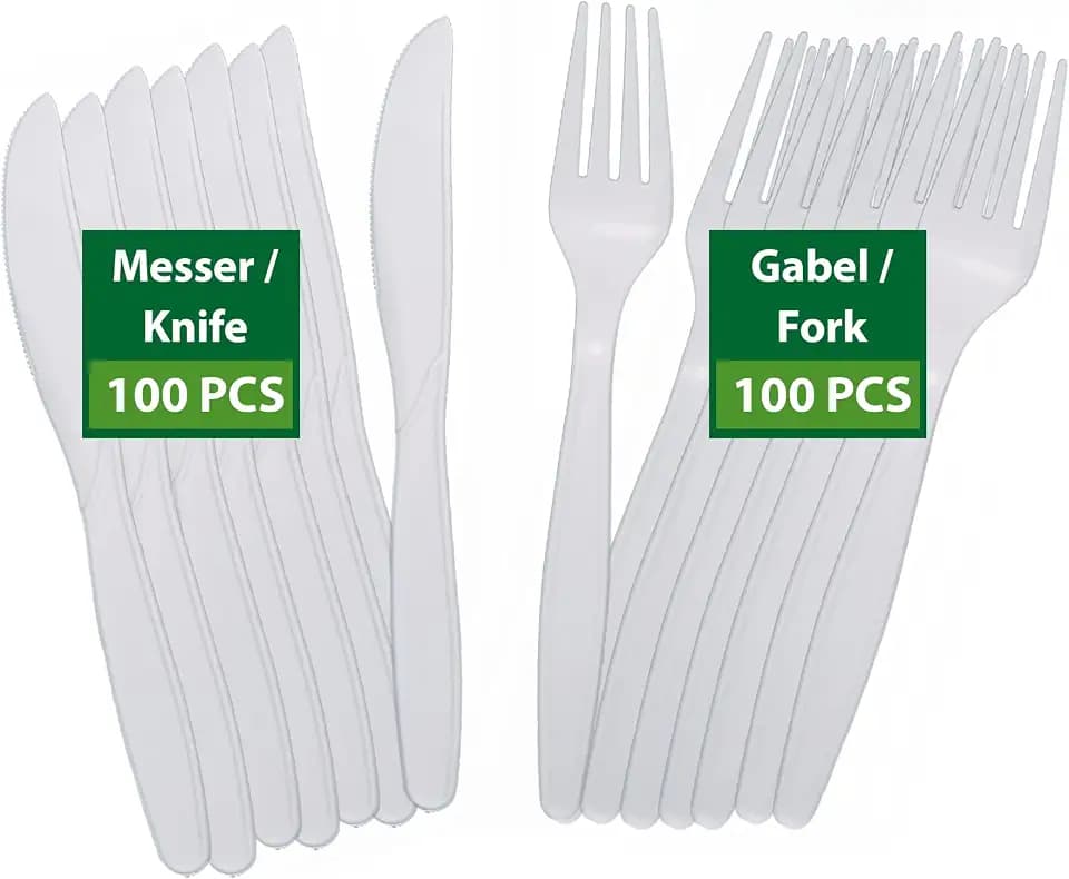 Umweltfreundliche Besteck Set | 200 Stück (je 100 Messer und 100 Gabeln) | Stabiler als einweg Besteck | Mehrweg & Robust | Für Partys, Feiern & Feste