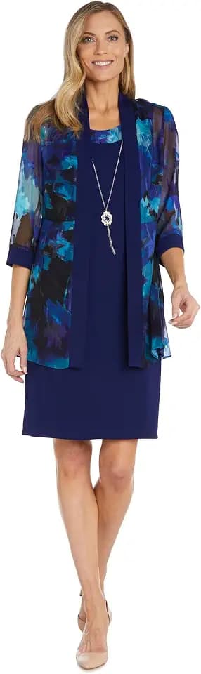 R&M Richards Women's 2-Piece Printed Chiffon Jacket Dress & Tank Dress W/Detachable Necklace