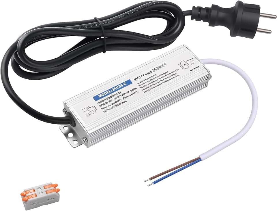 LED Trafo 24V 36W 1.5A,IP67 Wasserdicht LED Netzteil Transformator 230V auf 24V, mit EU-Stecker 1,5m Kabel, für LED Streifen, Außenbeleuchtung