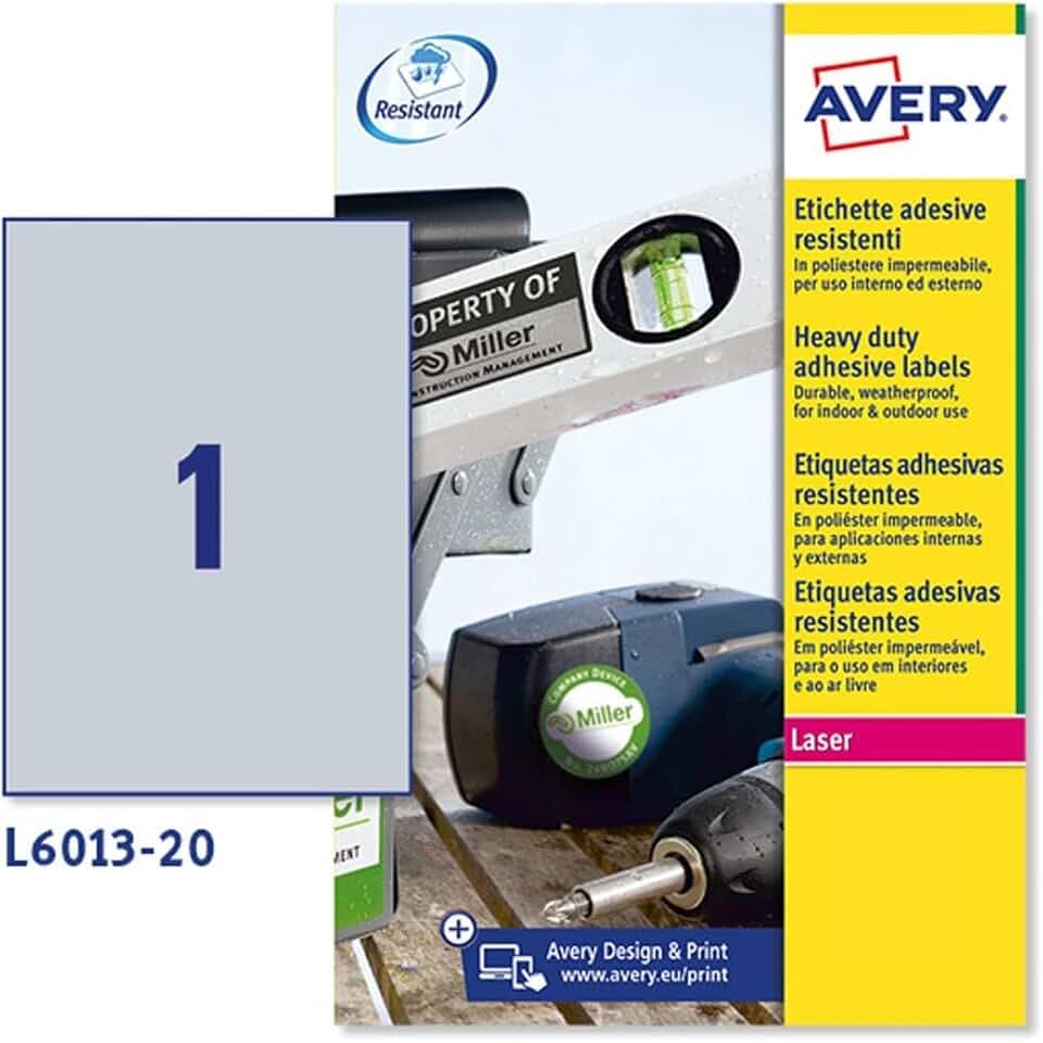Avery L6013-20 Etiketten zur Identifizierung von elektrischen Kabeln, Silber, 210 x 297, 20 Stück