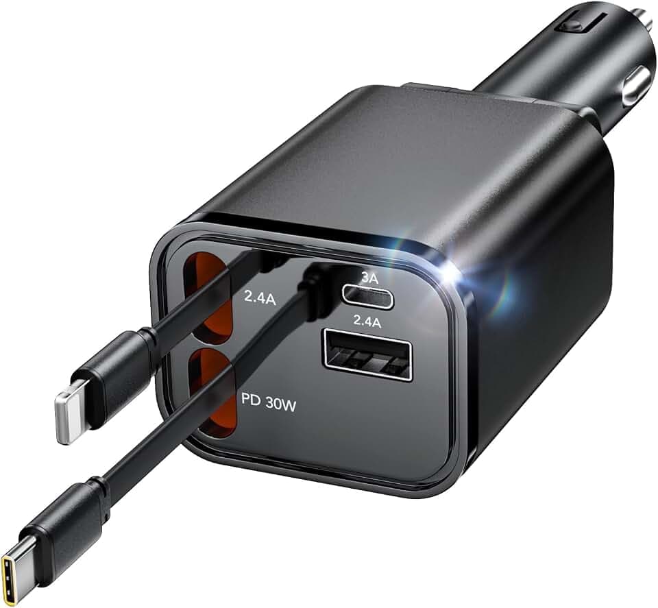 4 in 1 Einziehbares Auto Ladegerät mit Kabel Zigarettenanzünder USB
