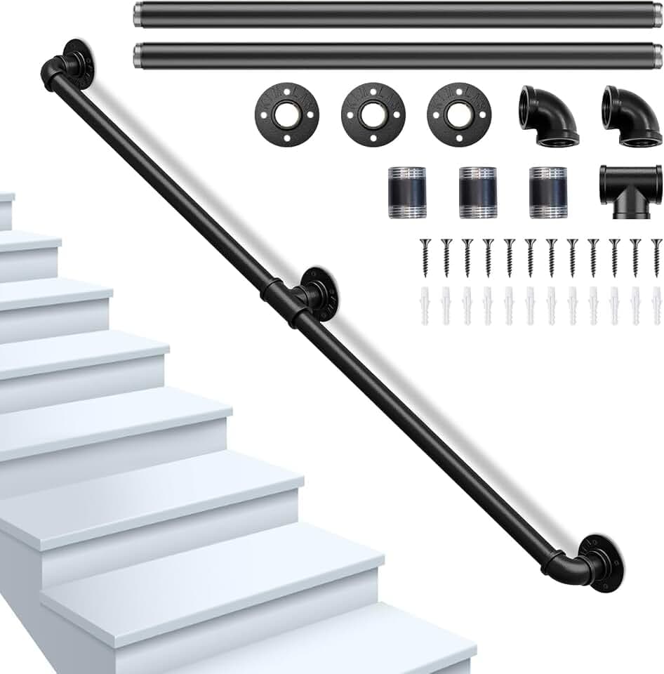 Handlauf Treppe, Handläufe für Treppen, Treppenhandlauf Verzinktes Rohr für Altere Behinderte Kinder, Treppengeländer Innen Außen, Sicherheitshandlauf Schwarz rutschfeste mit Zubehör, 200CM