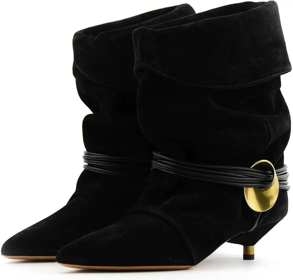 Seborluys Slouchy Kitten Heel Ankle Boots Wide Calf Slouch Cowboy Boots Fold Over Pointed Toe Low Kittens Heel Slip On Slouch Boho Causal Dressy Comfortable Short Booties