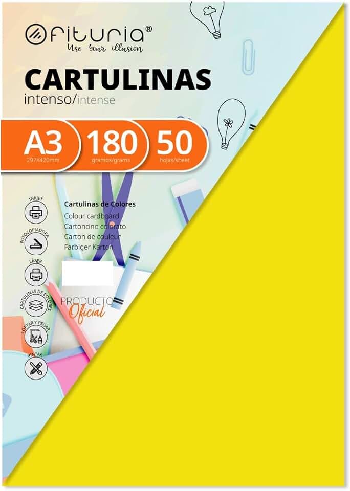 OFITURIA Pack 50 Cartulinas Color Amarillo Fuerte Tamaño A3 180g, FAB-16564