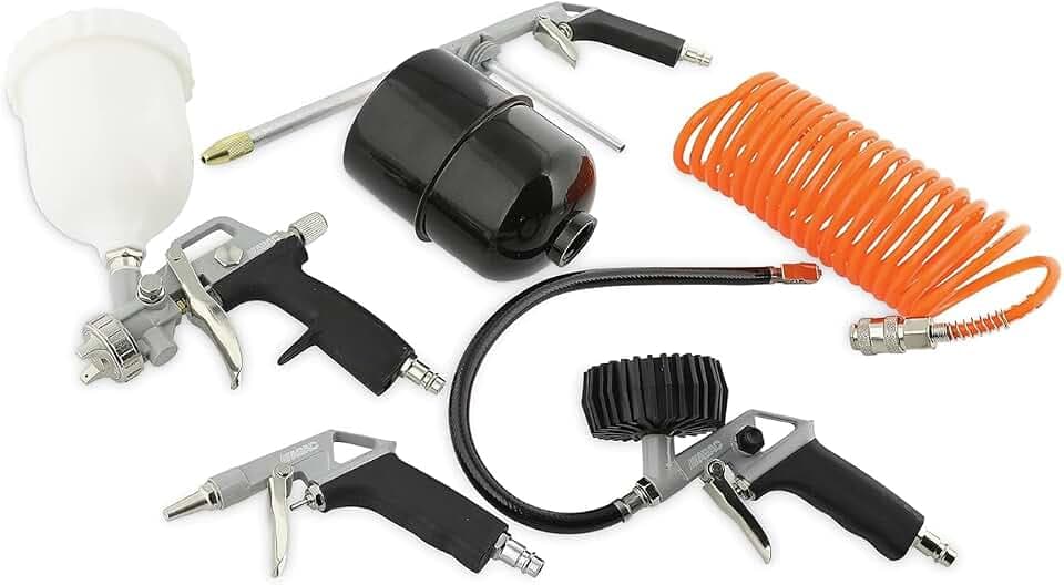 ABAC 8-teiliges Kompressor-Zubehörset G-810P, Inklusive Reifenfüller mit Manometer, Ausblaspistole, Farbspritzpistole 600ml, Waschpistole 900ml, Spiralschlauch 5m