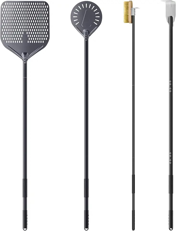 4er Pizzaofen-Set Gesamtlänge 160cm, 35 cm Rechteckiger Pizzaschieber 23 cm Pizzaschaufel aus Hart Eloxiertes Aluminium, Pizzaofenbürste, Ascherechen, Holzofen Pizzaofen Zubehör für Restaurant