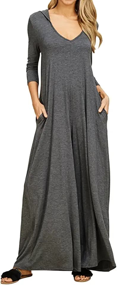 Jacansi Women's 3/4 Sleeve Midi Dress, Casual Loose Fit Solid Color Dress with Pockets, Soft Lightweight Everyday Dress