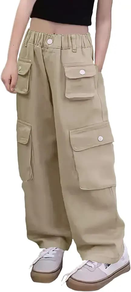 Girl's Elastic High Waist Cargo Pants Wide Leg Trousers, 3-14 Years