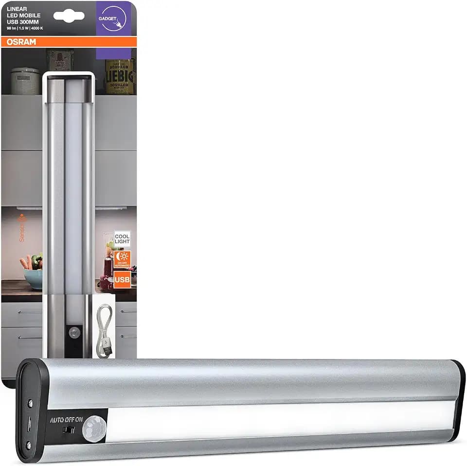 Osram LinearLED Mobile USB LED Unterbauleuchte 300, Wiederaufladbare LED Leuchte mit Bewegungssensor, Aluminium, IP20, 300x50x22 mm, USB-Akku, Silber