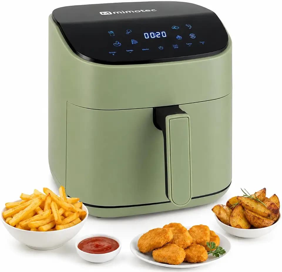 M mimotec - Air Fryer Green Sara Touch 6,5L, Heißluftfritteuse ohne Öl, 1600W, 8 Programme, Touchscreen, Grillfunktion, Timer, 80-200°C