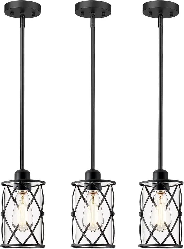 Glass Pendant Lights Kitchen Island 3 Pack, Black Kitchen Pendant Lighting Over Island with Rod, Modern Mini Hanging Light for Sink Dining Room, CH9176BK-3PK